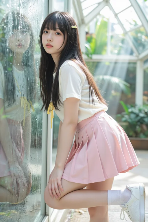 写实人像摄影,1位清新东亚少女,黑长直齐刘海直发,刘海处别着...