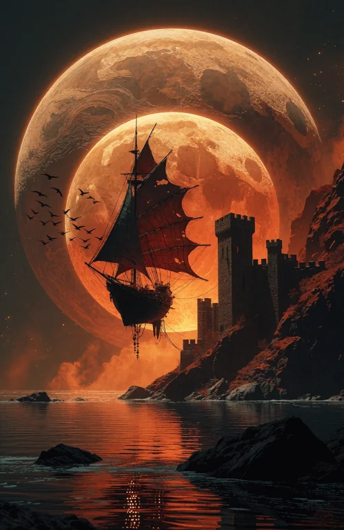 A Digital Fantasy Painting Depicting A Surreal Coastal Scene...