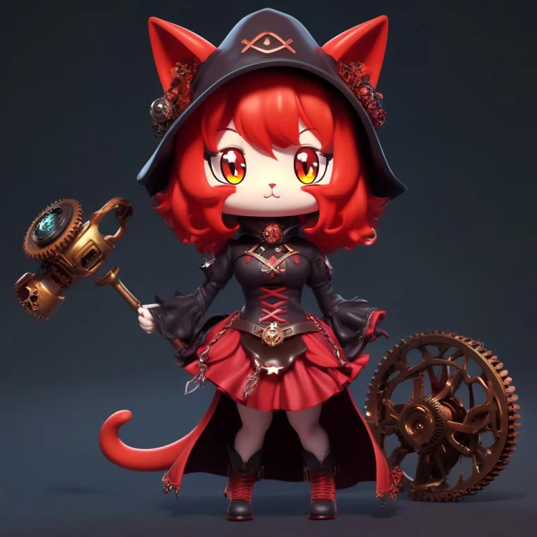 A 3d Chibi Anime Red Hair Cat Girl Wear Gear Witch Dresses M...