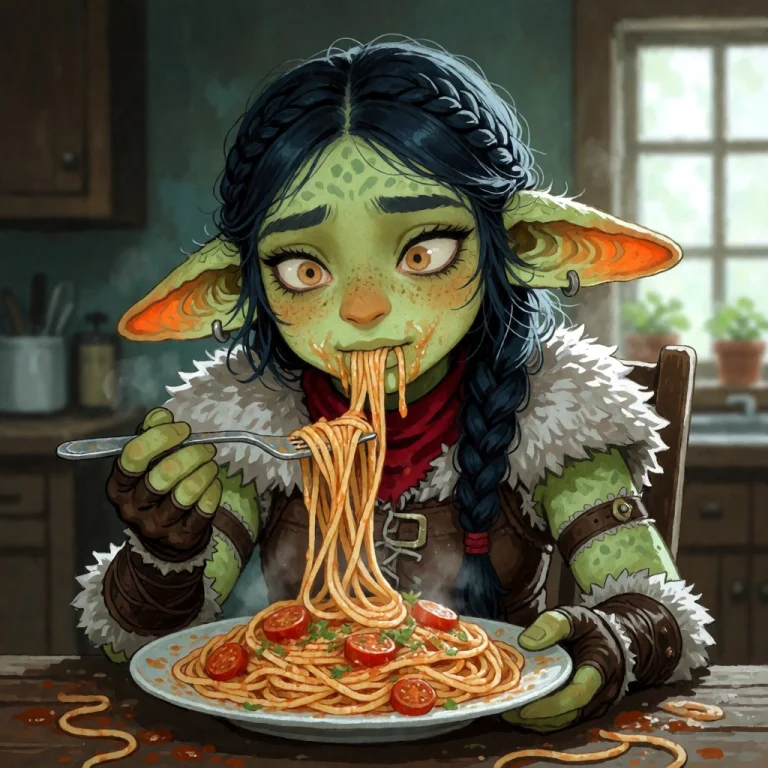 A Cute Feral Goblin Girl Messily Eating Spaghetti.
