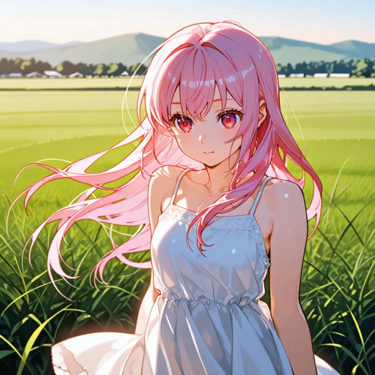 Long Pink Hair Sundress Standing In The Wind