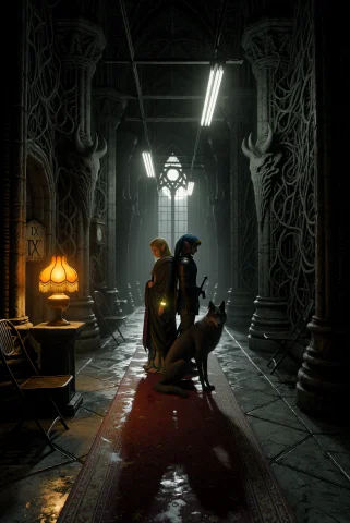 Xibalba A Cinematic Wide Frame From A Castle Hall, Shot On... — Stable Diffusion AI Prompt: XIBALBA — A cinematic wide frame from a castle hall, shot on 35mm through a 40mm...