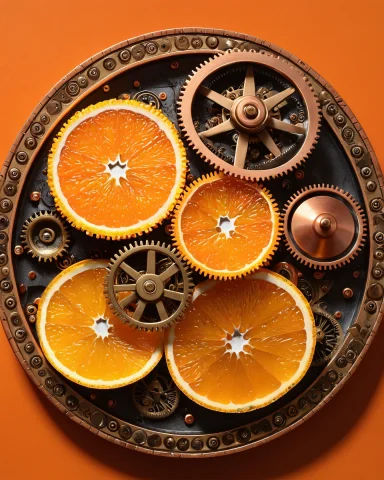A Clockwork Orange, An Orange Fruit Sliced In Half On A Plat... — SDXL AI Prompt: a clockwork orange, an orange fruit sliced in half on a plate, brass gears insid...