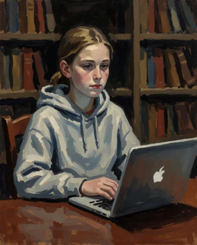Expressive Painting In Style Of Edward Hopper. Girl In Hoody... — Stable Diffusion AI Prompt: Expressive painting in style of Edward Hopper. Girl in hoody sitting in library...