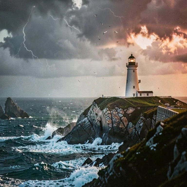 A Lone Lighthouse On A Storm-battered Cliff, Film Photograph...