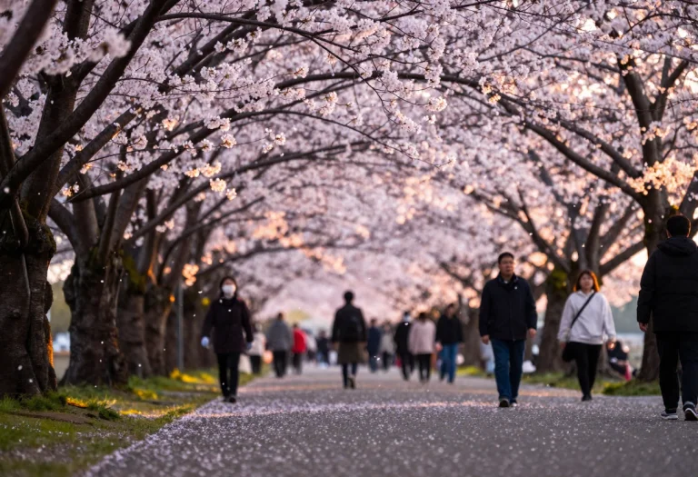 A Cherry Blossom Festival Drifting With Petals, Rim Lighting...