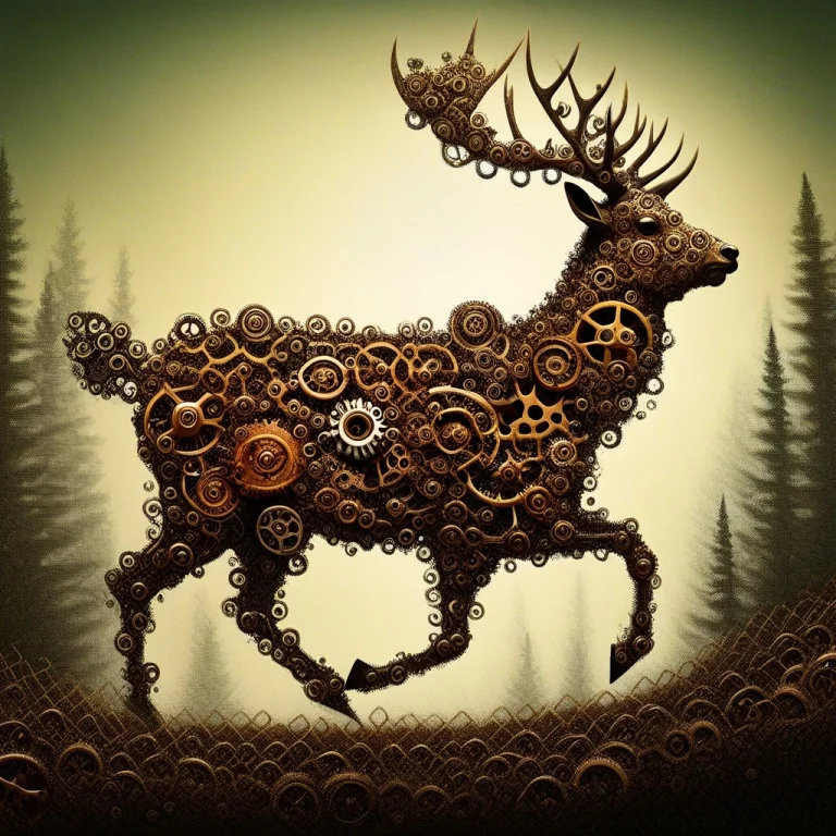 Gears, Steampunk, Deer, Running, Running Deer, Profile, Fore...