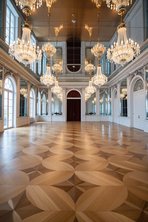 A Mirrored Palace Ballroom With Doubled Chandeliers, Perfect...