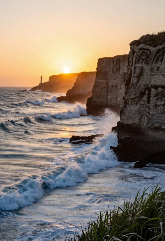 Colors Dramatic Coastal Cliffs At Sunset, Crashing Waves Wit...