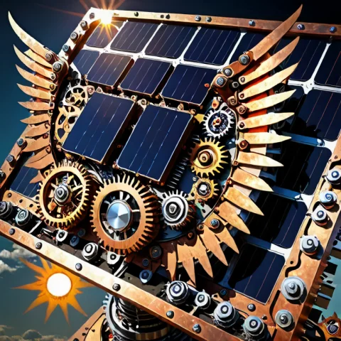 A Futuristic Solar Panel Array Where The Photovoltaic Cells... — SDXL AI Prompt: A futuristic solar panel array where the photovoltaic cells are actually thousan...