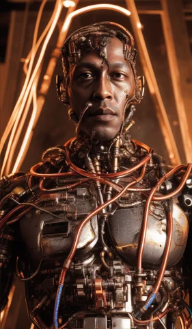 Cyborg Man Portrait, Exposed Wires, Gold Oil Leaking From Ru... — Stable Diffusion AI Prompt: cyborg man portrait, exposed wires, gold oil leaking from rusty wires 