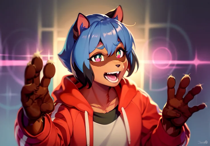 Furry Raccoon, Michiru, 1girl, Solo, Blue Hair, Multicolored...
