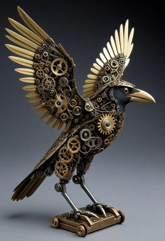 A Crow Made Of Interlocking Brass And Steel Gears, Perched W...
