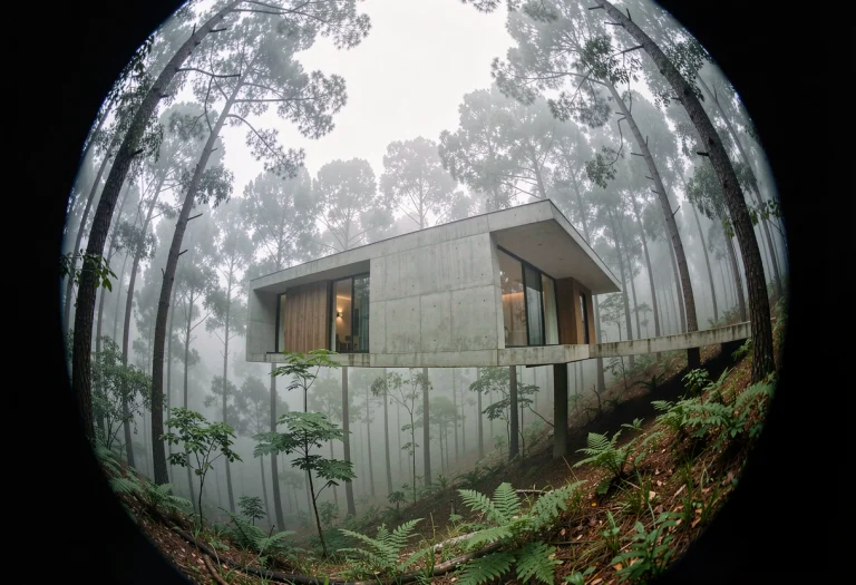A Minimalist House Cantilevered Over A Forest, Cinematic Pho...