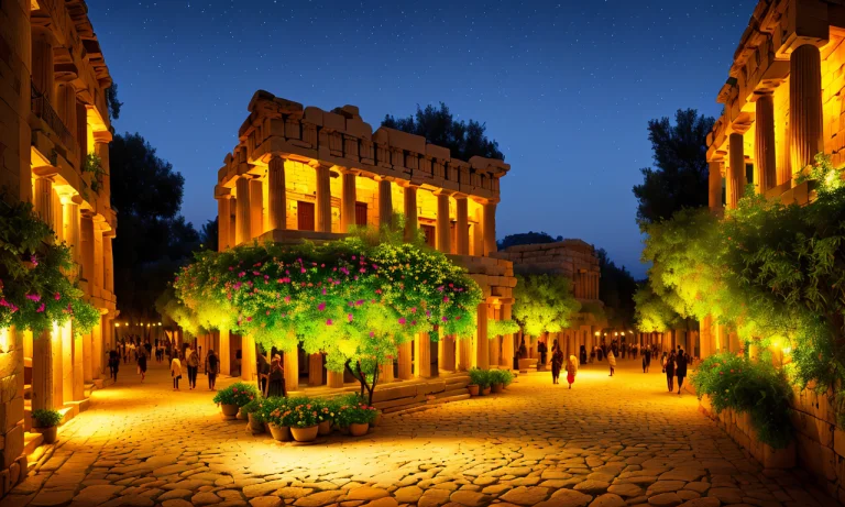 Photograph Of Ancient Greek City With People Walking Around,...