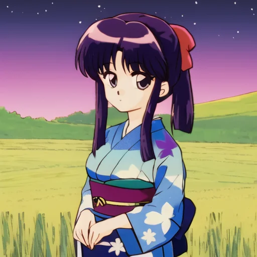 Lora80sanimestylev10.6 1girl, Blue And Pink Patterned Yukata...