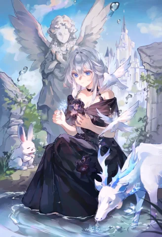 A Central Female Figure With Long, Light-gray Hair And Blue... — Stable Diffusion AI Prompt: A central female figure with long, light-gray hair and blue eyes sits wearing a...