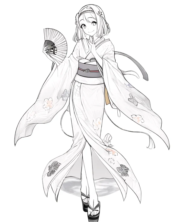 Handfan, 1girl, Japaneseclothes, Kimono, Solo, Hairband, Flo...