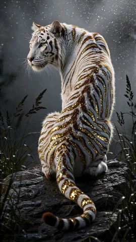 Bradhamel Art Style. A Majestic Bengal White Tiger With Shim... — Stable Diffusion AI Prompt: Bradhamel art style. A majestic Bengal white tiger with shimmering golden stripe...