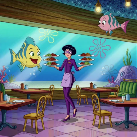 Tsstylev1k2. Wide Interior Of A Huge Dry Underwater Restaura... — Stable Diffusion AI Prompt: TSStyleV1K2. Wide interior of a huge dry underwater restaurant, a tiny adult und...