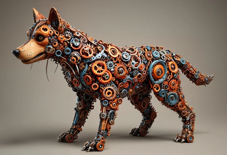 An Anthro Robot Dog, Made Entirely Of Colorful Gears Of Diff...