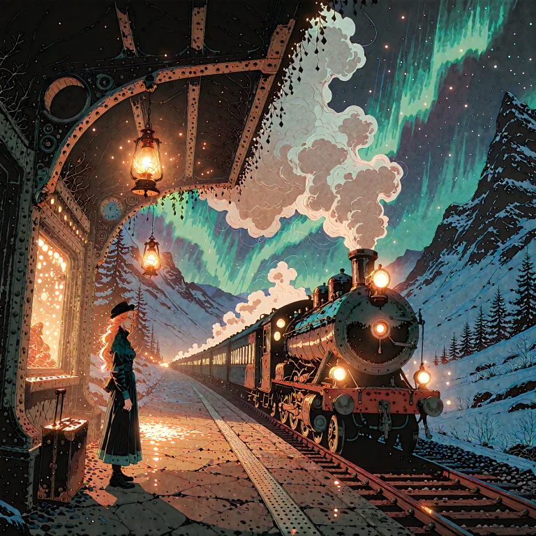 A Night Train Platform In The Mountains, Steam And Lantern G...