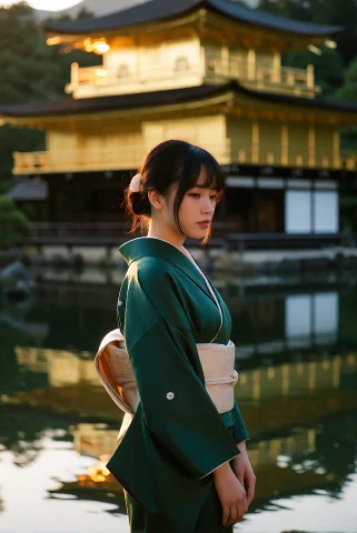 An Elegant Japanese Woman In A Modern Minimalist Kimono In D... — Stable Diffusion AI Prompt: An elegant Japanese woman in a modern minimalist kimono in deep emerald silk sta...