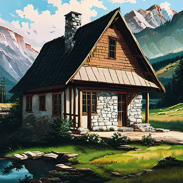 A Landscape Painting Of A A Mountain Cottage, Inkpunklandsca...