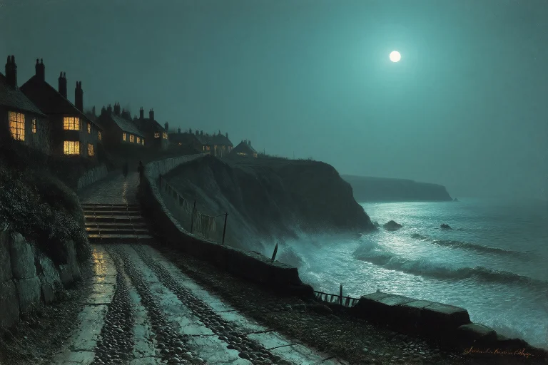 John Atkinson Grimshaw Style, Coastal Night Scene Of A Scarb...