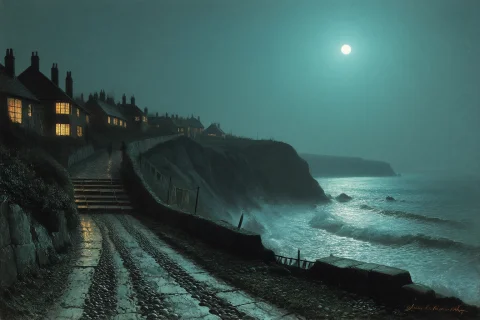 John Atkinson Grimshaw Style, Coastal Night Scene Of A Scarb... — Stable Diffusion AI Prompt: John Atkinson Grimshaw style, coastal night scene of a Scarborough cliff path wi...