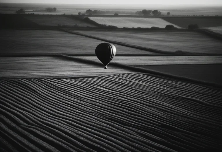 A Hot Air Balloon Drifting Over Patchwork Fields, Analog Pho...
