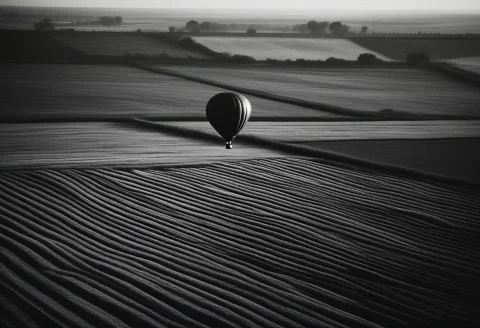 A Hot Air Balloon Drifting Over Patchwork Fields, Analog Pho... — SDXL AI Prompt: a hot air balloon drifting over patchwork fields, analog photo, dramatic chiaros...