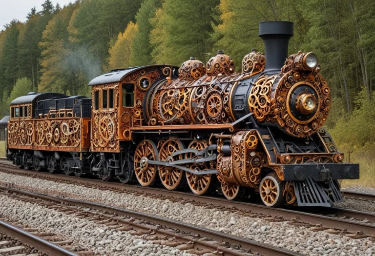 A Locomotive On A Train Track, Made Entirely Of Colorful Gea...