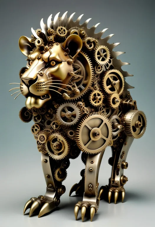 A Full-body, Profile Of A Lion Sculpture Meticulously Constr...