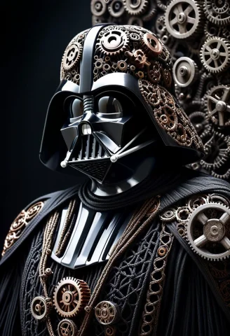 Darth Vader, Bound Into A Macrame Structure Made Of Gears, G... — SDXL AI Prompt: Darth Vader, bound into a macrame structure made of gears, gears forming a macra...