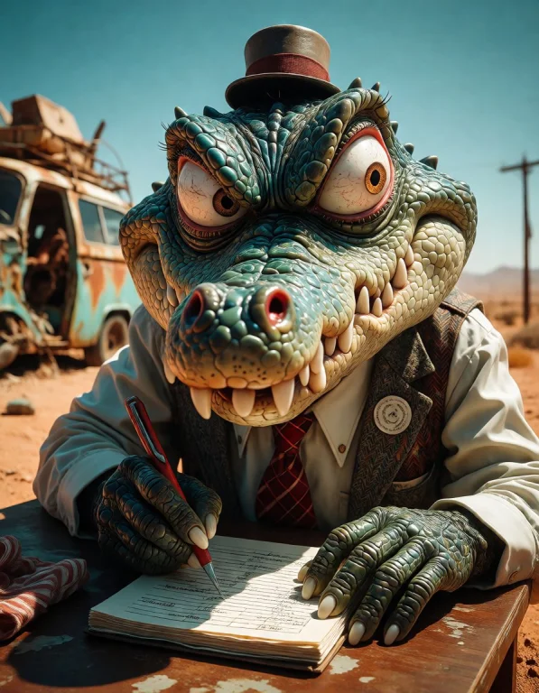 A Grumpy Crocodile Office Worker Stuck At A Tiny Desk, With...
