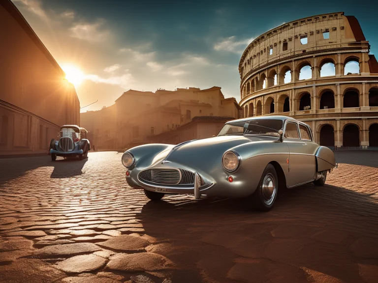 Italian Road With Wet Cobblestones Colosseum With Oldtimer C...