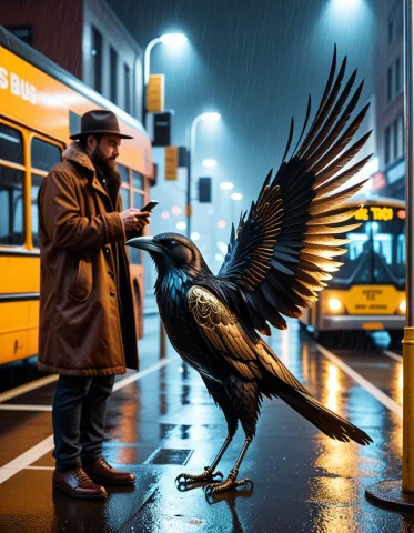 7. Gearstyle, Gigantic Mechanical Raven Perched On A Mundane... — SDXL AI Prompt: 7. gearstyle, gigantic mechanical raven perched on a mundane city bus stop, feat...