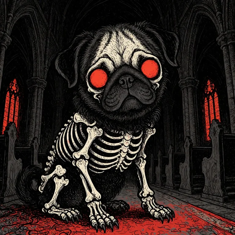 A Cute Skeletal Pug Puppy Sitting In A Dark Gothic Cathedral...