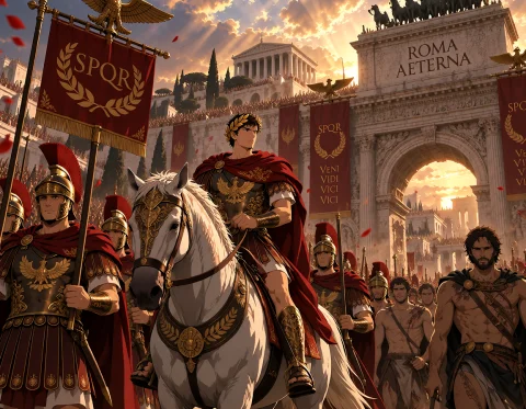 Loratraining2617621-202609161836005821 Z1os, Triumphant Anim... — Stable Diffusion AI Prompt: z1os, triumphant anime Roman procession entering the imperial city at golden su...