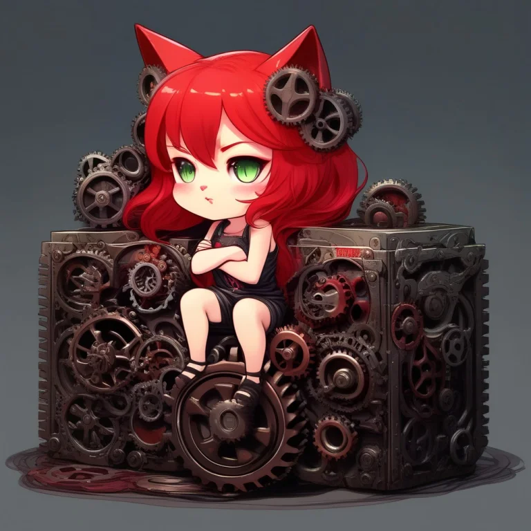 A Chibi Anime Red Hair Cat Girl Lay On A Gear Box Made Of Ge...
