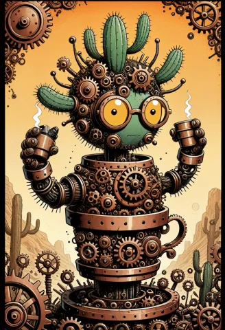 Comic Book Style Illustration, An Absurd Scene Of A Potted C... — SDXL AI Prompt: Comic book style illustration, an absurd scene of a potted cactus rendered entir...