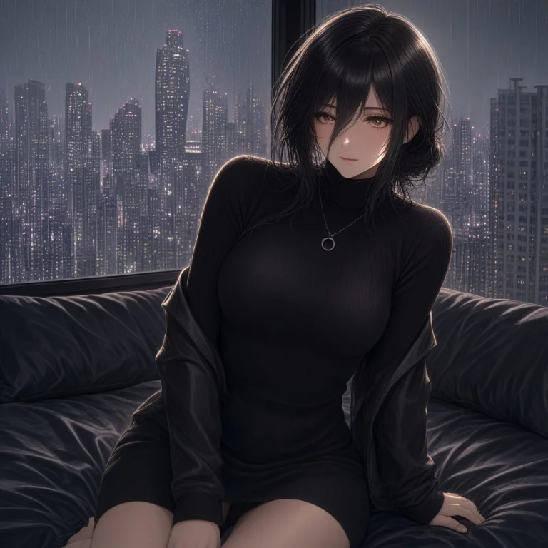 1girl, Ai-generated, Barefoot, Solo, Jewelry, Black Hair, Ne...
