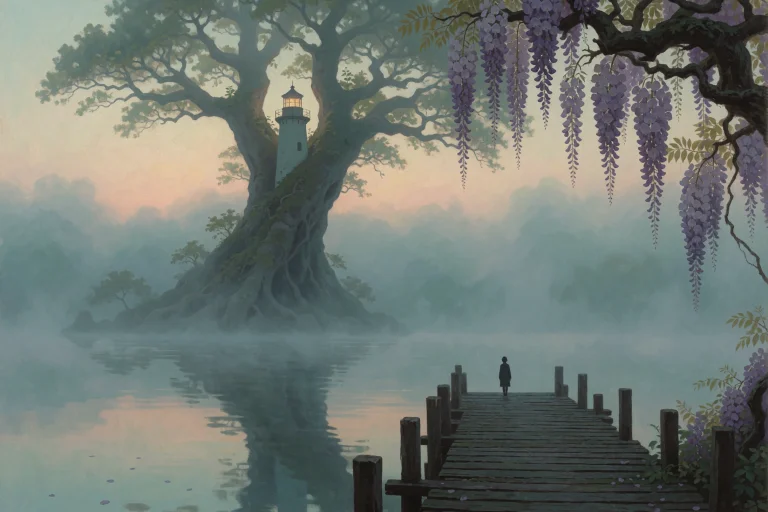A Cinematic Surreal Painting Of A Lone Lighthouse Fused Into...