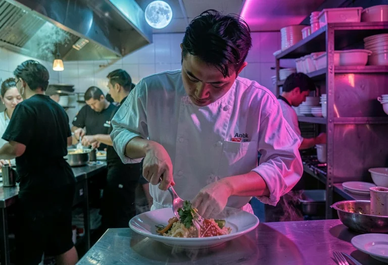 A Chef Plating A Dish In A Busy Kitchen, Vaporwave Aesthetic...