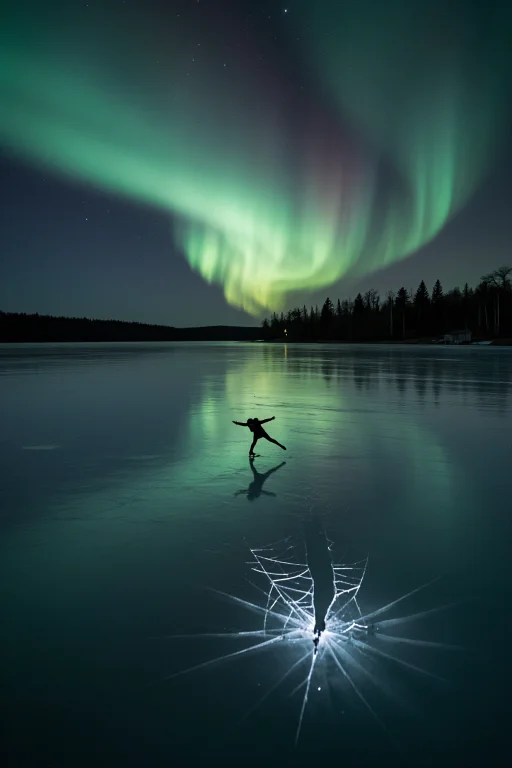 An Ice-covered Lake At Night Reflecting Stars And Green Auro...