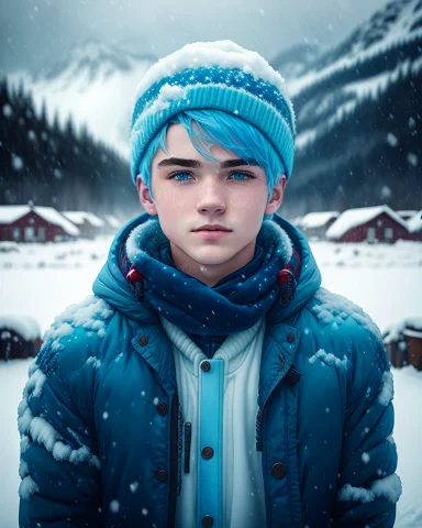 A Young Man With Blue Hair Standing In The Snow, By Michael... — Stable Diffusion AI Prompt: a young man with blue hair standing in the snow, by Michael Sutfin, featured on...
