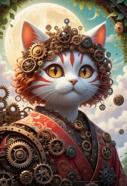 Subject Cute Cat Made Of Gear, Funny Cat, Flying In The Clou...