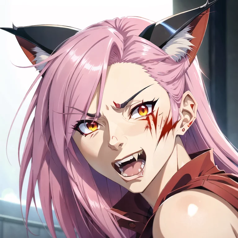 Mature, Mature Face, Nose, Cat Ears, Pink Hair, Red Eyes, Ma...