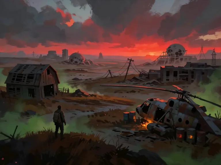 Post-apocalyptic Landscape With Ruined Buildings Helicopter...
